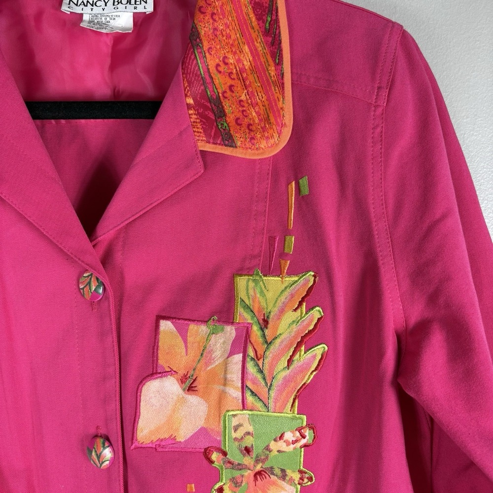 Nancy Bolen City Girl Women's 10 Pink Applique Embroidered 3/4 Sleeve Blazer